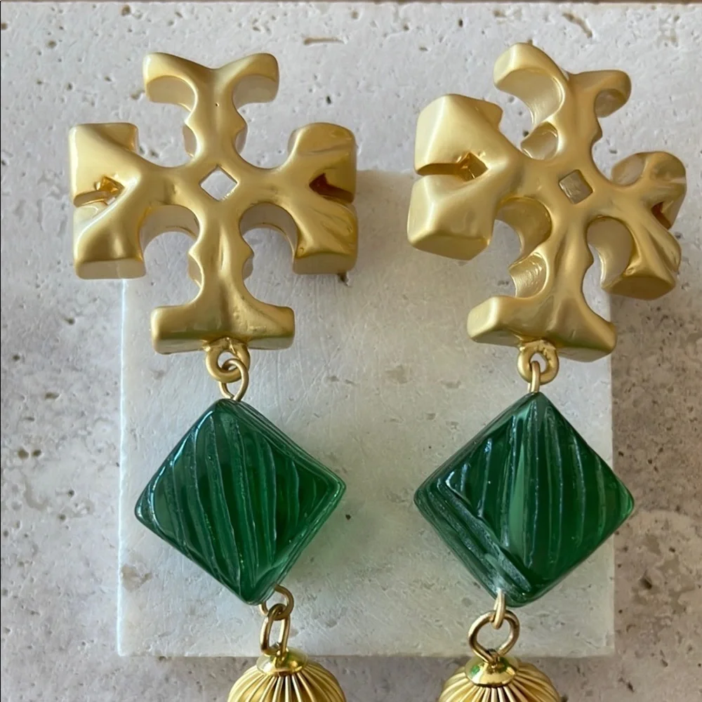 TORY BURCH Elegant Green and Gold Earrings
